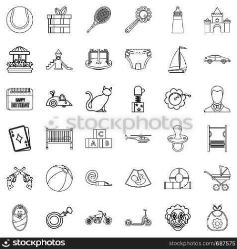 Newborn icons set. Outline style of 36 newborn vector icons for web isolated on white background. Newborn icons set, outline style