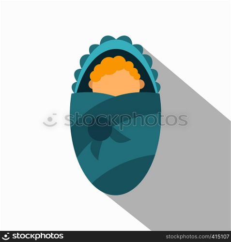 Newborn infant wrapped in blue baby blanket icon. Flat illustration of newborn infant wrapped in blue baby blanket vector icon for web on white background. Newborn infant wrapped in baby blanket icon