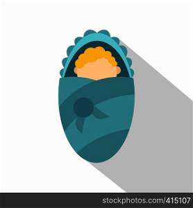 Newborn infant wrapped in blue baby blanket icon. Flat illustration of newborn infant wrapped in blue baby blanket vector icon for web on white background. Newborn infant wrapped in baby blanket icon