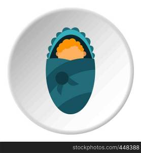 Newborn infant wrapped in blue baby blanket icon in flat circle isolated vector illustration for web. Newborn infant wrapped in baby blanket icon circle