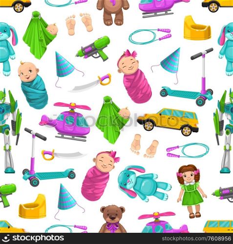 Newborn kids toys, vector seamless pattern background. Boy and girl baby in swaddle, foot prints, dolls and cars, helicopter and robot, birthday cap and plush bear toys seamless pattern. Seamless pattern, baby kid toys, dolls and robots