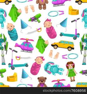 Newborn kids toys, vector seamless pattern background. Boy and girl baby in swaddle, foot prints, dolls and cars, helicopter and robot, birthday cap and plush bear toys seamless pattern. Seamless pattern, baby kid toys, dolls and robots