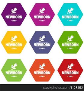 Newborn pacifier icons 9 set coloful isolated on white for web. Newborn pacifier icons set 9 vector