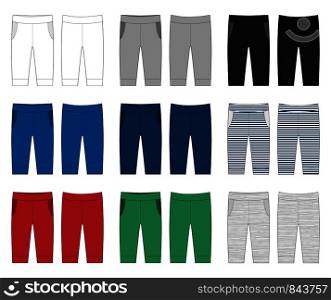 Newborn pants flat illustration. Trousers sketch baby clothes. Vector illustration of a kids fashion. Back side view of pants. White, gray, black, blue, yellow, red, green colors pants.. Newborn pants flat illustration. Trousers sketch baby clothes.