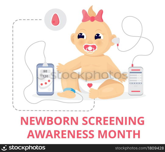 Newborn screening awareness month concept vector. Heel stick and blood drop test, hearing screen, and pulse oximetry are shown for baby. Medical event is celebrated in September.. Newborn screening awareness month concept vector. Heel stick and blood drop test