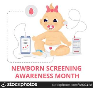 Newborn screening awareness month concept vector. Heel stick and blood drop test, hearing screen, and pulse oximetry are shown for baby. Medical event is celebrated in September.. Newborn screening awareness month concept vector. Heel stick and blood drop test