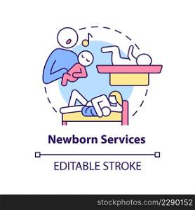 Newborn services concept icon. Baby care assistance. Medical center abstract idea thin line illustration. Isolated outline drawing. Editable stroke. Arial, Myriad Pro-Bold fonts used. Newborn services concept icon