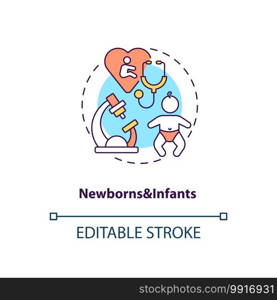 Newborns and infants concept icon. Health screening age group idea thin line illustration. Testing for disorders. Physical measurements. Vector isolated outline RGB color drawing. Editable stroke. Newborns and infants concept icon