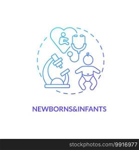 Newborns and infants concept icon. Health screening age group idea thin line illustration. Physical measurements. Child developmental history and behavior. Vector isolated outline RGB color drawing. Newborns and infants concept icon