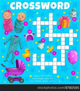 Newborns and kids toys, crossword worksheet or find word vector quiz game. Education riddle or crossword greed with cartoon newborn stroller, balloon and bath duck, pacifier bottle and toddler gifts. Newborns and kids toys, crossword worksheet game
