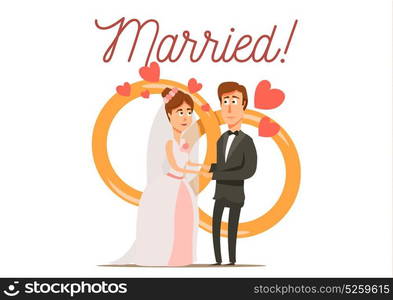 Newly Married Couple Composition. Marriage divorce set flat background with newly married couple bride and groom characters with wedding rings vector illustration