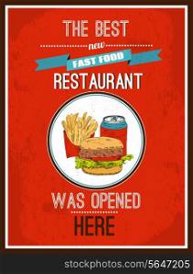 Newly opened fast food restaurant hot dog vintage advertisement poster with french fries chips burger vector illustration