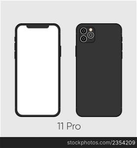 Newly released Black Smartphone 11, frond and back sides isolated on gray. Vector Illustration . Newly released Black Smartphone 11, frond and back sides isolated on gray.