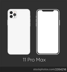 Newly released White Smartphone 11 Pro, frond and back sides isolated on gray. Vector Illustration . Newly released White Smartphone 11 Pro, frond and back sides isolated on gray.