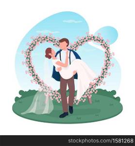 Newlywed couple 2D vector web banner, poster. Groom hold bride. Marriage celebration. Husband and wife flat characters on cartoon background. Wedding ceremony printable patch, colorful web element. Newlywed couple 2D vector web banner, poster