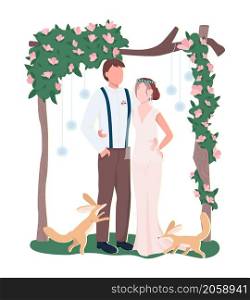 Newlyweds at outdoor ceremony semi flat color vector characters. Standing figures. Full body people on white. Wedding isolated modern cartoon style illustration for graphic design and animation. Newlyweds at outdoor ceremony semi flat color vector characters