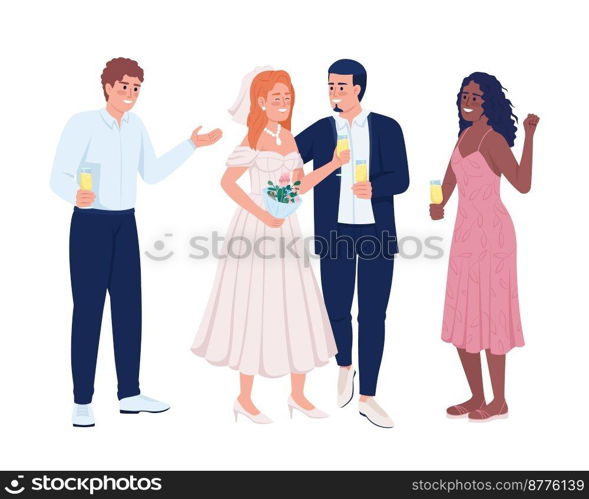 Newlyweds celebrating wedding event with friends semi flat color vector characters. Editable figures. Full body people on white. Simple cartoon style illustration for web graphic design and animation. Newlyweds celebrating wedding event with friends semi flat color vector characters