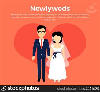 Newlyweds couple design banner concept flat style. Beautiful young couple newly-married couple isolated on a red background. Love people and wedding, groom and bride marriage .Vector illustration