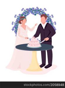 Newlyweds cut cake at reception semi flat color vector characters. Interacting figures. Full body people on white. Wedding isolated modern cartoon style illustration for graphic design and animation. Newlyweds cut cake at reception semi flat color vector characters