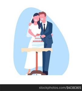 Newlyweds cutting wedding cake. Bride and groom holding knife. Happy couple with dessert. Holiday confectionery. Marriage celebration tradition. Married man and woman. Bridal bouquet. Vector concept. Newlyweds cutting wedding cake. Bride and groom holding knife. Happy couple with dessert. Holiday confectionery. Marriage celebration tradition. Married man and woman. Vector concept