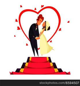 Newlyweds during bridal kiss on pedestal with red carpet and decoration from hearts cartoon composition vector illustration. Newlyweds Cartoon Composition