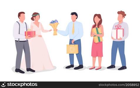 Newlyweds exept gifts semi flat color vector characters. Interacting figures. Full body people on white. Wedding isolated modern cartoon style illustration for graphic design and animation. Newlyweds exept gifts semi flat color vector characters