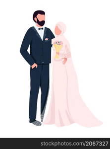 Newlyweds stand together semi flat color vector characters. Hugging figures. Full body people on white. Marriage isolated modern cartoon style illustration for graphic design and animation. Newlyweds stand together semi flat color vector characters