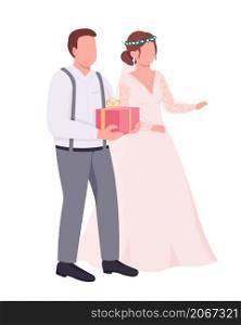 Newlyweds with gifts semi flat color vector characters. Standing figures. Full body people on white. Wedding reception isolated modern cartoon style illustration for graphic design and animation. Newlyweds with gifts semi flat color vector characters