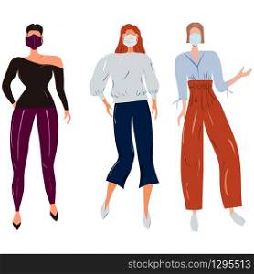 News 2019 clothes females wearing protective face masks. Concept of coronavirus quarantine vector illustration.. News 2019 clothes females wearing protective face masks.
