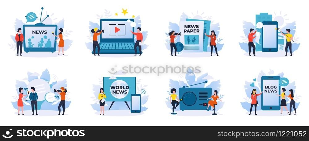 News and journalism. News reporters, talk show hosts cartoon characters, scenes for online newspaper and mass media. Vector illustration journaling collection scene set with speaking in camera woman. News and journalism. News reporters and talk show hosts cartoon characters, scenes for online newspaper and mass media. Vector scene set