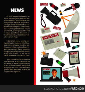 News and television journalism flat poster of journalist working tools for news and live report broadcast. Vector icons of TV anchorman with reporter video camera, microphone and access badge. Television news poster for journalism profession of vector journalist equipment