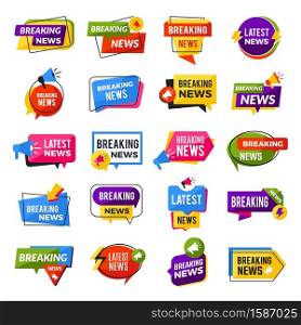 News announce. Advertising breaking special offers geometric reports vector badges templates. Illustration of news template banner, breaking announce. News announce. Advertising breaking special offers geometric reports vector badges templates