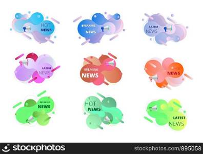 News badge set with megaphone. Promotion illusrtation banners, label with text bulb, breaking, hot, latest news. Newspaper cartoon tags for online tv, streams, channel, daily information.