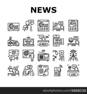 News Broadcasting Collection Icons Set Vector. Reporter Interview And Television, Financial And Sport News, Radio And Newspaper Black Contour Illustrations. News Broadcasting Collection Icons Set Vector