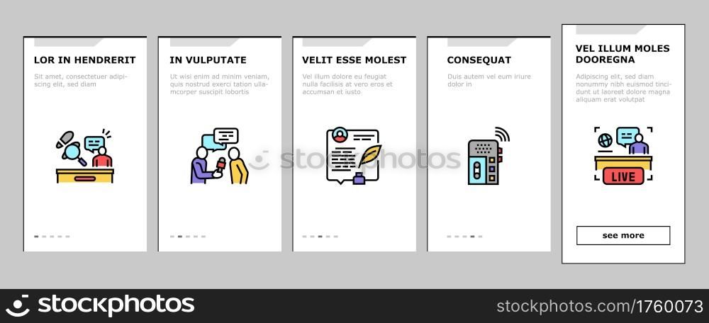 News Broadcasting Onboarding Mobile App Page Screen Vector. Reporter Interview And Television, Financial And Sport News, Radio And Newspaper Illustrations. News Broadcasting Onboarding Icons Set Vector