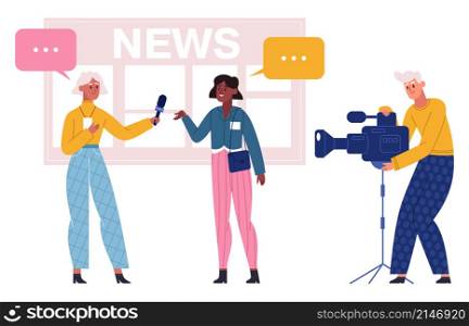 News broadcasting, reporter take interview with reportage hero. Journalist and operator recording news, interviewing celebrity person vector illustration. Mass media workflow. Media news reporter. News broadcasting, reporter take interview with reportage hero. Journalist and operator recording news, interviewing celebrity person vector illustration. Mass media workflow