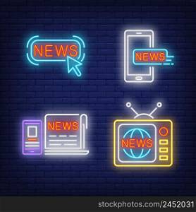 News button, tv set, newspaper and smartphones neon signs set. Mass media, entertainment design. Night bright neon sign, colorful billboard, light banner. Vector illustration in neon style.