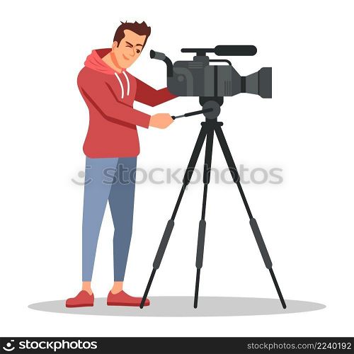 News camera operator semi flat RGB color vector illustration. Mass media occupation. Man operating professional video camera isolated cartoon character on white background. News camera operator semi flat RGB color vector illustration