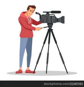 News camera operator semi flat RGB color vector illustration. Mass media occupation. Man operating professional video camera isolated cartoon character on white background. News camera operator semi flat RGB color vector illustration