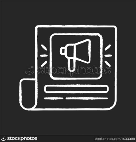 News chalk white icon on black background. Page with announcement. Sheet of paper with loudspeaker sign. Advertisement in newsletter. Daily article. Isolated vector chalkboard illustration. News chalk white icon on black background