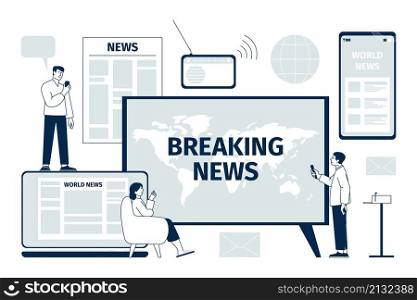 News concept. Internet, tv information. People listen and reading, technology media update. Modern person using gadgets, multimedia recent vector scene. Illustration of breaking live news. News concept. Internet, tv information. People listen and reading, technology media update. Modern person using gadgets, multimedia recent vector scene