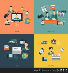 News flat set with shooting re≤ase press journalist isolated vector illustration.