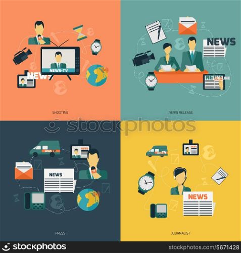 News flat set with shooting release press journalist isolated vector illustration.