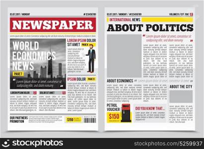 News Journal Spread Template. Daily newspaper journal design template with two-page opening editable headlines quotes text articles and images vector illustration
