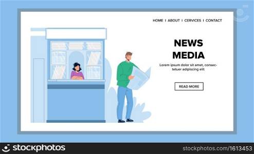 News Media And Newspaper Read Businessman Vector. News Media Information And Business Article Reading Young Man Near Newsstand On Street. Characters Client And Seller Web Flat Cartoon Illustration. News Media And Newspaper Read Businessman Vector