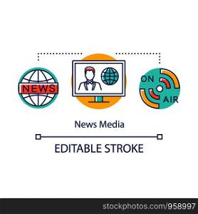 News media concept icon. Information agency. Live broadcast. Coverage of world events. Newscast. Broadcasting message idea thin line illustration. Vector isolated outline drawing. Editable stroke