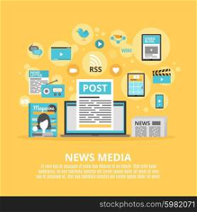 News media flat icons composition poster. Social media computer tools to share and exchange information concept flat icons combination poster abstract vector illustration