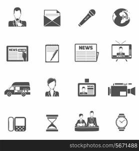 News media social communications black icons set isolated vector illustration