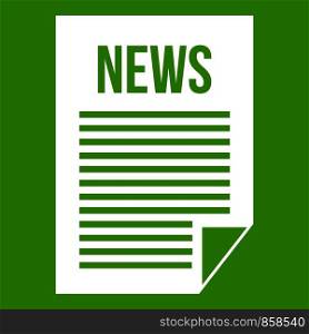 News newspaper icon white isolated on green background. Vector illustration. News newspaper icon green