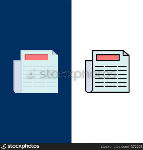 News, Paper, Document Icons. Flat and Line Filled Icon Set Vector Blue Background